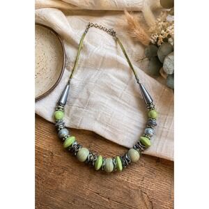 Vintage Beaded Statement Necklace Silver Tone Accents Boho Chunky Bead Jewelry‎